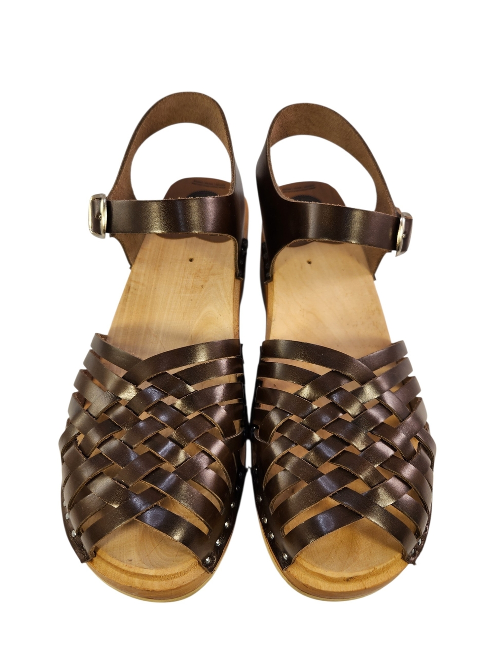 MINT WOODEN BROWN WEAVED LEATHER ANKLE STRAP SANDALS WOMEN 39/ 9 BY TROENTORP